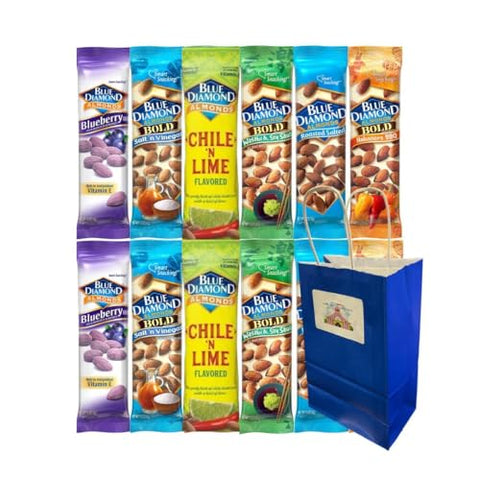 Variety Pack Diamond Almonds 12-Pack - 1.5 Oz Each - Flavored Almond Snacks with Blue Paper Gift Bag - Candy - Food