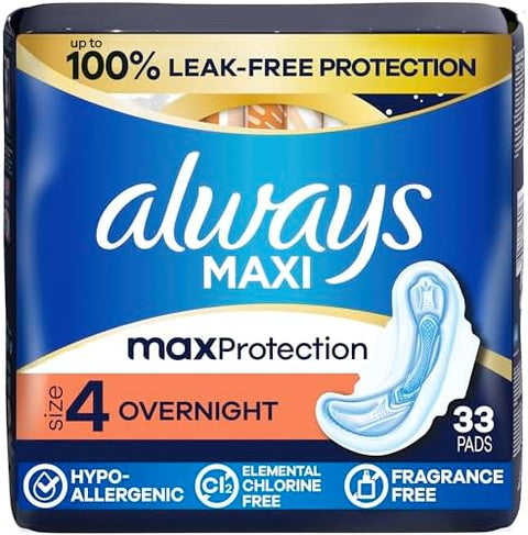 Always Maxi Overnight Pads with Wings for Women, Size 4, Overnight Absorbency, Unscented, 33 Count - Personal Care