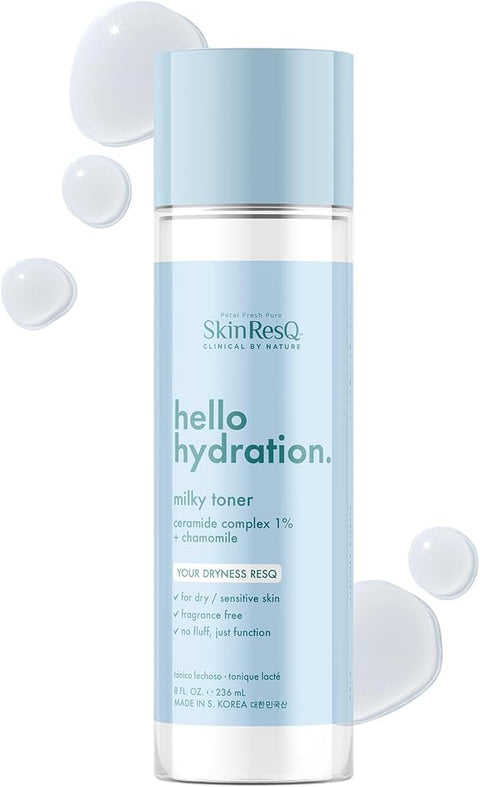 Skin ResQ by Petal Fresh Hello Hydration Milky Toner, Hydrating Facial Toner with 1% Ceramide Complex and Chamomile, Fragrance Free Moisturizing Toner for Dry Sensitive Skin, Made in Korea, 8 oz