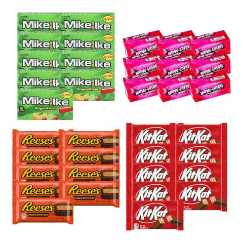 Big TOP DEALS USA 24 Count Candy Variety Pack, 6 Each Mike and Ike Original Fruits, Now and Later Cherry, Reese's Peanut Butter Cups, Kit Kat - Individually Wrapped, Fruity Chewy Candy, Party Favors