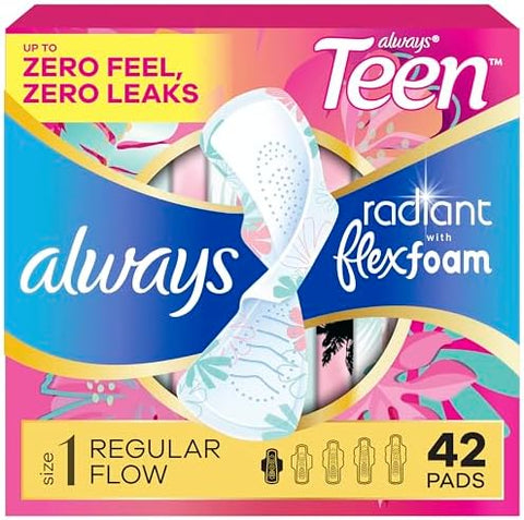 Always Radiant Teen Pads, Size 1, Regular, with Wings, Unscented, 42 Count - Personal Care