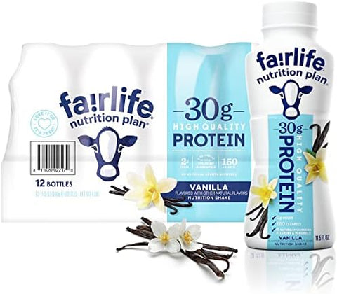 Fairlife Nutrition Protein Shakes - Pack of 12 | 30g Protein, Low Sugar, Lactose-Free | Delicious Vanilla, Chocolate, Salted Caramel, and Strawberry Flavors 11.5 fl., oz. (In KozyHome Packaging) (Vanilla)