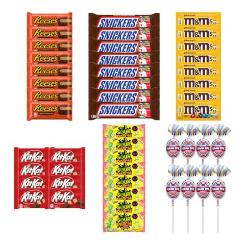 Big TOP DEALS USA 48 Piece Candy Variety Pack with 8 Reese's Cups, 8 Snickers, 8 M&M's Peanut, 8 Kit Kat, 8 Sour Patch Kids Watermelon and 8 Blow Pops - Individually Wrapped Party and Halloween Bundle