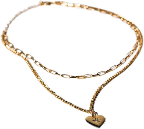 Charming Charlie 2-layered Gold Plated Chain Link Antique Necklace With Heart Pendant Featuring A Moissanite Center - Women's Layering Jewelry And Stackable Necklace.