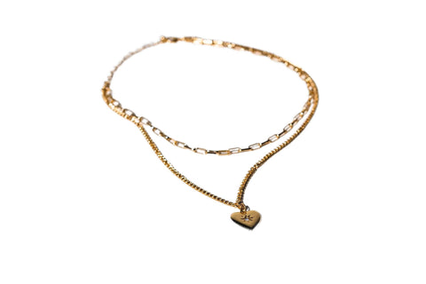 Charming Charlie 2-layered Gold Plated Chain Link Antique Necklace With Heart Pendant Featuring A Moissanite Center - Women's Layering Jewelry And Stackable Necklace.