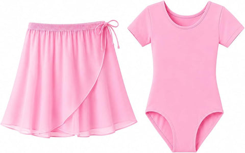 Moret Kids Girls' Ballet and Dance 2-Pack Dance Outfit Set - Pink Chiffon Wrap Skirt & Short Sleeve Leotard Matching Set, Size 4-5