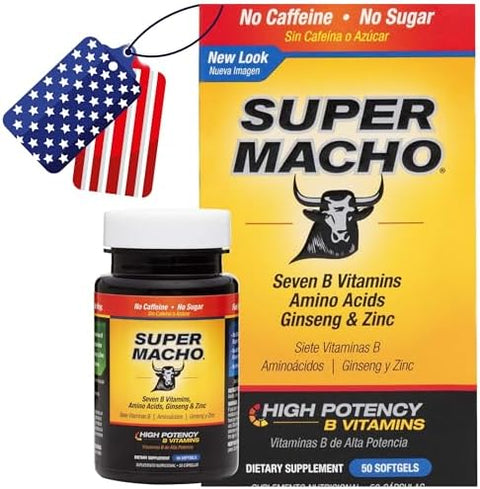 Super Macho, High Potency B Vitamins and Amino Acids, Fuel for Today's Active Men, No Caffeine, No Sugar, Dietary Supplement, Made in USA,50 Softgels