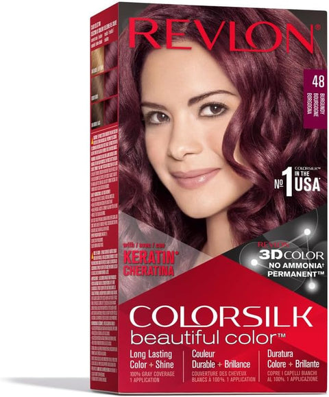 REVLON Colorsilk Beautiful Color Permanent Hair Color with 3D Gel Technology Keratin 100 Gray Coverage Hair Dye, 48 Burgundy, 1 Count