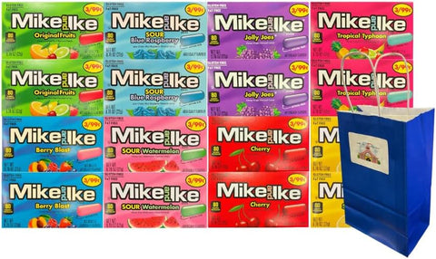 Variety Pack Mike and Ike Candy 16 Pack Assortment, 0.78 oz Each, 2 Each of 8 Flavors, Party Favors, Gift Bag, Snacks for Kids and Adults, Includes Blue Paper Treat Bag, Bulk Candy Pack