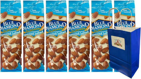 Snack Pack Diamond Almonds Roasted Salted 6 Count – 1.5oz Individual Bags with 5.25x3.2x8 Blue Paper Gift Bag – Healthy Protein Snack – On-the-Go Energy – Gluten-Free, Kosher