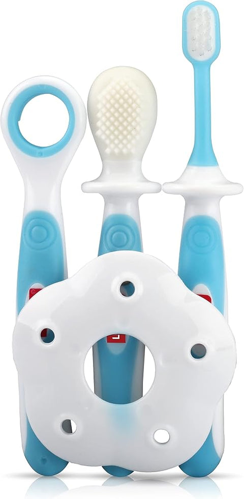 Luv Lap Baby Training Manual Toothbrush Set for Kids with Anti Choking Shield, Teeth Tongue Cleaner, Baby Oral Hygiene, 3 pcs, (White/Blue)