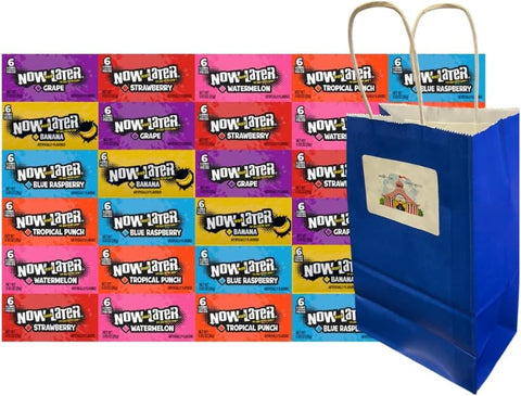 Variety Pack Now and Later Candy, 30 Pieces Assorted, Grape, Banana, Blue Raspberry, Tropical Punch, Watermelon, Strawberry, 0.93 oz Each, Blue Paper Bag - Bulk Candy for Parties and Events