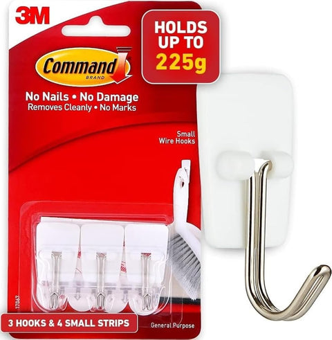 Command Small Wire Toggle Hooks, Damage Free Hanging Wall Hooks with Adhesive Strips, No Tools Wall Hooks for Hanging Organizational Items in Living Spaces, 3 White Hooks and 4 Command Strips