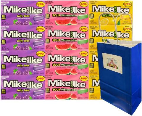Variety Pack Mike and Ike Candy – 12 Count – 4 Each of Jolly Joes, Sour Watermelon, Sour Lemon – Chewy Fruity Candy – 0.78 oz Wrapped – Blue Paper Gift Bag 5.25x3.2x8