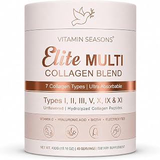 Elite Multi Collagen Blend Powder, 7 Types, Hydrolyzed Peptides with Electrolytes | Vitamin C | Biotin and Hyaluronic Acid | Unflavored | Gluten-Free, Keto | 430g