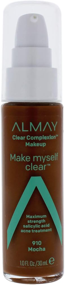 Almay Clear Complexion Makeup, Matte Finish Liquid Foundation with Salicylic Acid, Hypoallergenic, Cruelty Free, -Fragrance Free, Dermatologist Tested, 910 Mocha, 1.0 oz