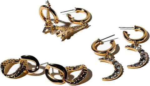 Charming Charlie 3 Pairs of Gold-Plated Earrings - Elevate Your Style with Eiffel Tower, Half Moon C-Hoops, and Chunky Studs. Discover Versatile Elegance for Women.