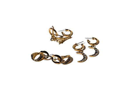 Charming Charlie 3 Pairs of Gold-Plated Earrings - Elevate Your Style with Eiffel Tower, Half Moon C-Hoops, and Chunky Studs. Discover Versatile Elegance for Women.