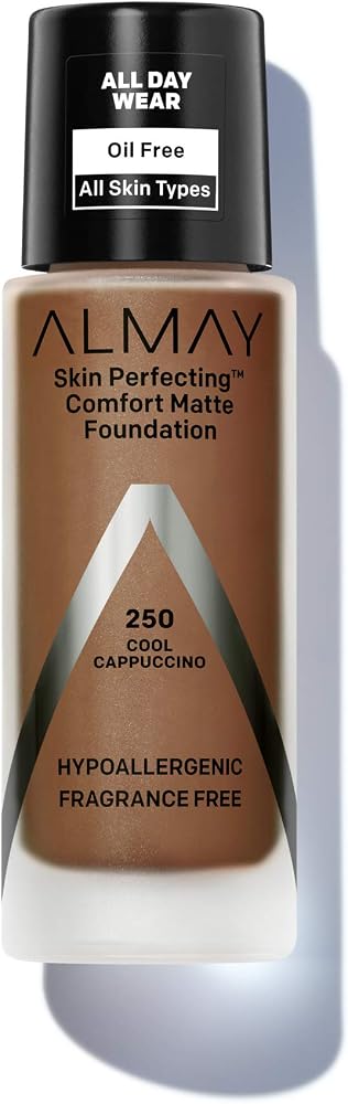 Almay Skin Perfecting Comfort Matte Foundation, Hypoallergenic, Cruelty Free-Fragrance Free, Dermatologist Tested Liquid Makeup, Cool Cappuccino, 1 Fluid Ounce