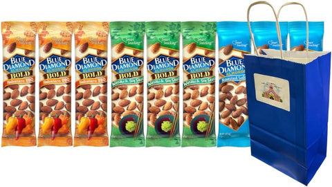 Variety Pack Diamond Almonds 9-Pack – Includes Habanero BBQ, Wasabi & Soy Sauce, Roasted Salted Flavors – 1.5 oz Each with Reusable Blue Paper Gift Bag – On-the-Go Healthy Protein Snack