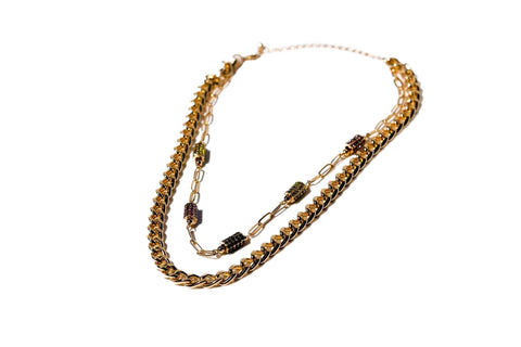 Charming Charlie 2-Layered Gold-Plated Necklace - Chain Link with Green and Purple Charms and Curb Chain - Women's Captivating Layered Necklace for Radiant Elegance.