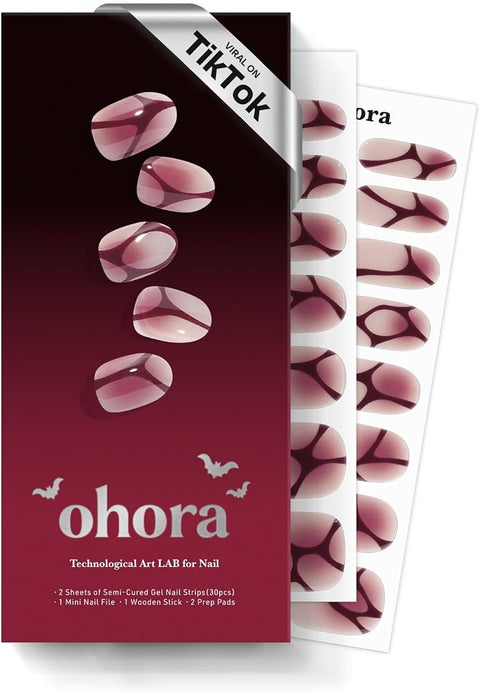 ohora Semi Cured Gel Nail Strips (N Peach Latte) - Pink, Jelly, Works with Any UV/LED Lamps, Salon-Quality, Long Lasting, Easy to Apply & Remove - Includes 2 Prep Pads, Nail File & Wooden Stick
