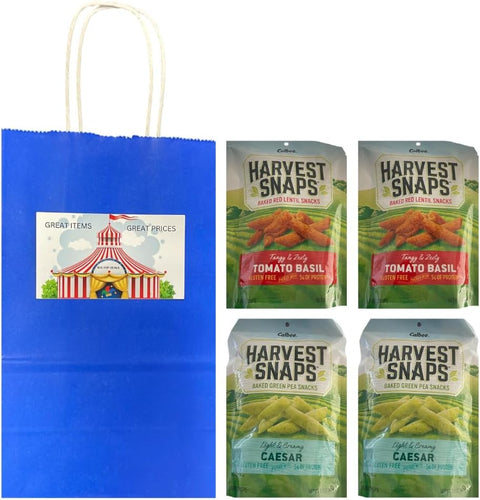 Big Top Deals USA Blue Paper Bag with 4-Pack Snaps Veggie Chips 2 Caesar and 2 Tomato Basil – 3oz Bags – Crunchy Snack Multipack – Packed in 5.25x3.2x8 Gift-Style Bundle Bag