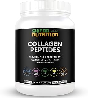 Halal & Grass Fed Collagen Peptides Powder 1LB (16oz) Tub. Unflavored Hydrolyzed Collagen Peptides Powder Type I & Type III for Hair, Skin, Nails & Joints | Keto & Paleo Friendly | Sugar & Gluten Free