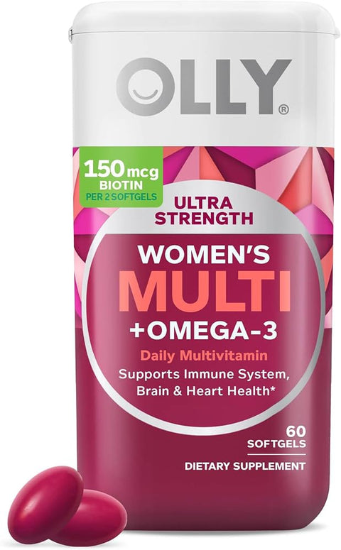 OLLY Ultra Strength Women's Multivitamin Softgels, Omega-3s - 60 Count