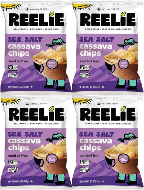 Sea Salt Cassava Chips Reelie, Gluten Free Vegan Snack Chips, Crispy Cassava Root Chips with Sea Salt, Non-GMO Grain Free Paleo Friendly Snack, 4.5 Oz Bags, Pack of 4