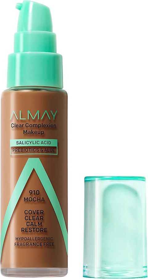 Almay Clear Complexion Acne Foundation Makeup with Salicylic Acid, Medium Coverage, Soft Matte Finish, Hypoallergenic, Cruelty- & Fragrance-Free, Dermatologist Tested, 910 Mocha, 1 fl oz