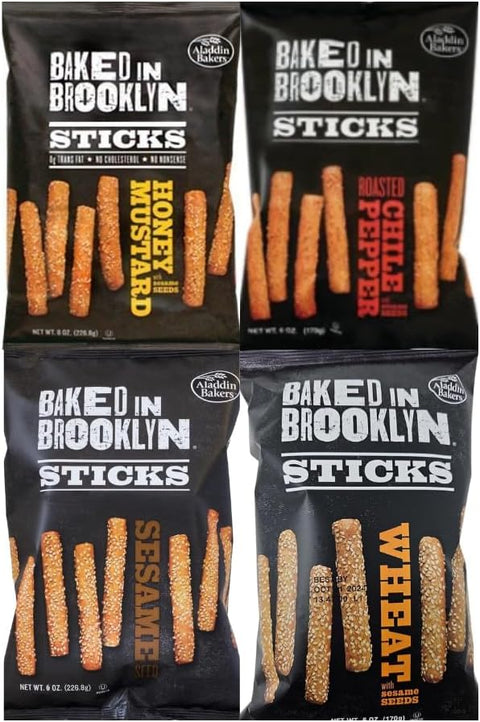 Variety Pack Baked In Brooklyn Sticks - Honey Mustard, Roasted Chile Pepper, Sesame, Wheat with Sesame Seeds - 4 Flavors - 6 Oz Each - 4 Pack - Perfect Snack for Parties, Lunches, and On-the-Go