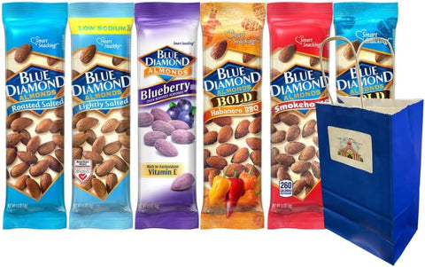 Variety Pack Diamond Almonds 6-Pack, 1.5 oz Bags – Roasted Salted, Lightly Salted, Blueberry, Habanero BBQ, Smokehouse, Salt & Vinegar with Blue Paper Gift Bag, Nut Snack