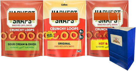 Harvest Snaps Veggie Chips Crunchy Loops Variety Pack, Original, Hot & Spicy, Sour Cream & Onion, Plant-Based Protein Snack, Baked, Gluten-Free, No Artificial Flavors, 3 Pack