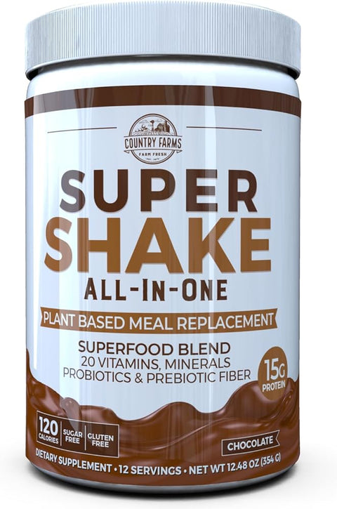 Country Farms All-in-One Super Shake Meal Replacement 15g Plant Protein Dietary Supplement with Superfoods, Vitamins, Probiotics and Prebiotics, 12 Servings, Chocolate, 12.48 Oz