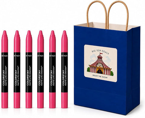 6-Piece Matte Lip Crayon Gift Set - Revlon 005 Sky High Bright Pink Shade, Long Lasting Velvet Lipstick Makeup Bulk Pack for Women, Office Party Game Prize & Secret Santa Stocking Stuffer