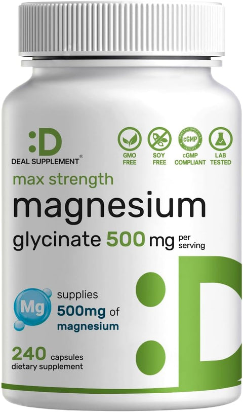 Max Strength Magnesium Glycinate 500mg Per Serving, 240 Capsules | 100% Chelated for Easy Absorption | Essential Mineral Supplement for Muscle, Sleep, & Heart Health