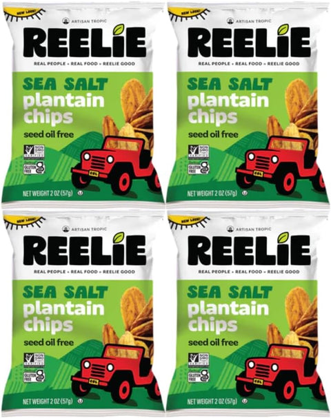 Plantain Chips Reelie, Sea Salt Flavor, 2 oz Bags, 4 Pack, Crispy Gluten-Free Plantain Chips Snack, Healthy Savory Snack, Non-GMO Chips Multipack