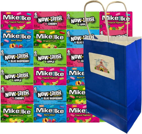 Assorted Candy Mix 24-Pack with Mike and Ike & Now and Later Individually Wrapped Candies – Includes Original Fruits, Tropical, Cherry, Apple, Berry – With Blue Treat Bag 5.25x3.2x8