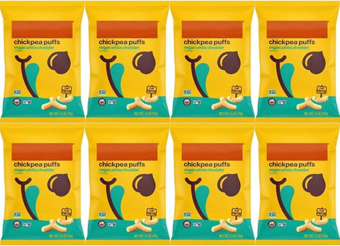 Chickpea Puffs Vegan White Cheddar 1.5 oz (8-Pack) – Healthy Crunchy Snack for Kids and Adults – Gluten-Free, Plant-Based, Protein-Rich Snack