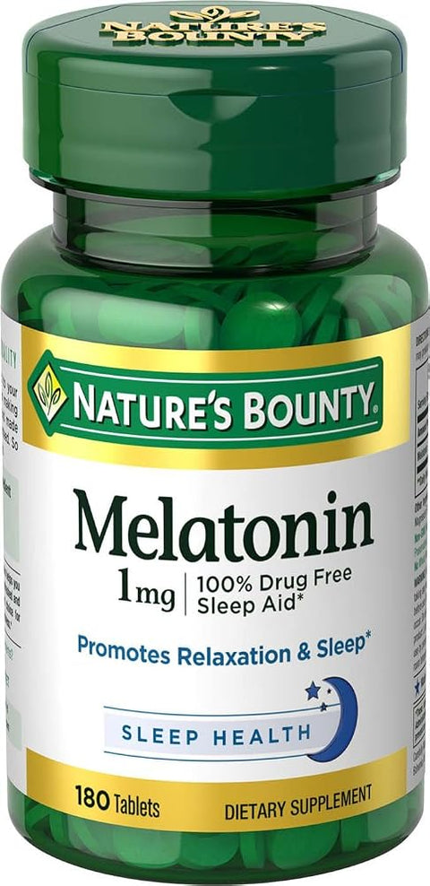 Nature'S Bounty Melatonin, 100% Drug Free Sleep Aid, Promotes Relaxation and Sleep Health, 1mg, 180 Tablets - Personal Care