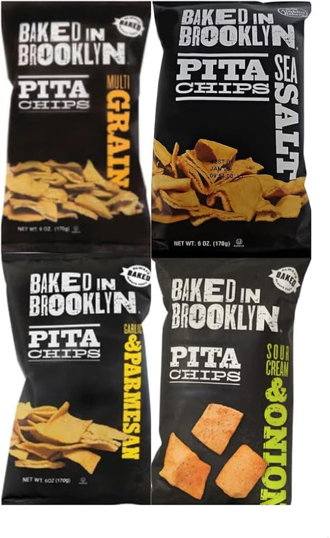 Variety Pack Pita Chips Baked In Brooklyn - Garlic Parmesan, Sea Salt, Multi Grain, Sour Cream And Onion - 4 Flavors - 6 Oz Each, 4 Pack - Crunchy, Healthy Snack, Perfect for Parties & Dipping