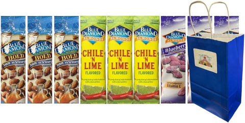 Variety Pack Diamond Almonds 3 Each 3 Flavor, 9 Count, Salt 'n Vinegar, Chile 'n Lime, Blueberry, 1.5 oz Snacks with Blue Gift Bag, Bold Flavored Almonds On-the-Go Healthy Protein