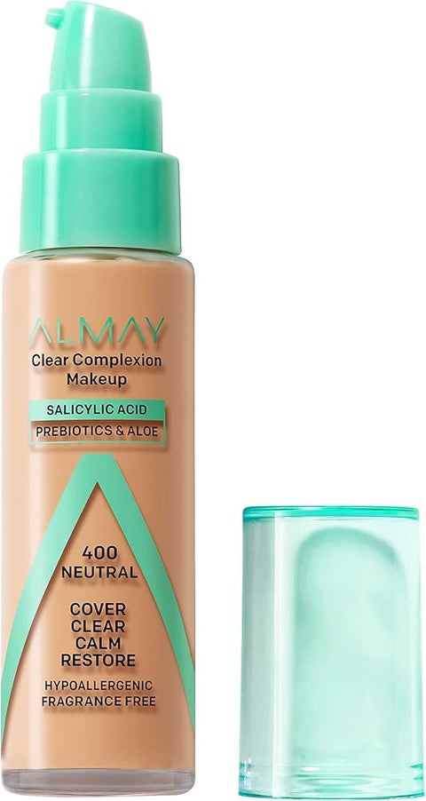 Almay Clear Complexion Acne Foundation Makeup with Salicylic Acid, Medium Coverage, Soft Matte Finish, Hypoallergenic, Cruelty- & Fragrance-Free, Dermatologist Tested, 400 Neutral, 1 fl oz