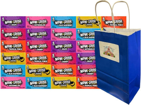 Variety Pack Now and Later Candy - 30 Individually Wrapped Pieces, 5 Each of Cherry, Grape, Tropical Punch, Banana, Blue Raspberry, Watermelon, 0.93 oz, Blue Paper Bag (5.25x3.2x8 Inch)