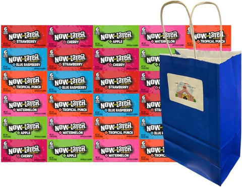 Variety Pack Now and Later Candy, 30 Individually Wrapped Pieces (5 Each of Strawberry, Blue Raspberry, Tropical Punch, Watermelon, Apple, Cherry), 0.93 oz, Blue Paper Bag, 5.25x3.2x8 Inch