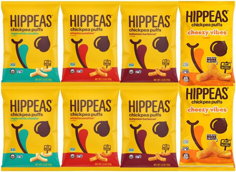Variety Pack Puffs - Bohemian BBQ, Vegan White Cheddar, Chezzy Vibes, Blazin' Hot - Crunchy, Flavorful, Plant-Based Snack - Gluten-Free, Dairy-Free, High-Protein Snack - 8 Pack Assortment