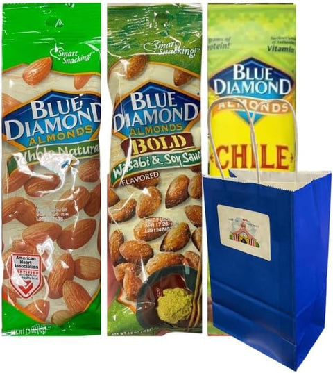 Variety Pack Diamond Almonds 3-Count – 1.5 oz Snack Size Almonds in Chile 'n Lime, Wasabi, Whole Natural Flavors with Blue 5.25x3.2x8 Paper Gift Bag – Protein Rich Healthy Snack