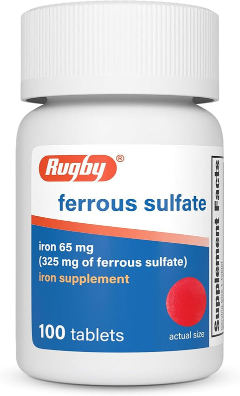 Rugby Ferrous Sulfate 325mg Tablets, Iron Supplement, 100 Count, (1-Pack)