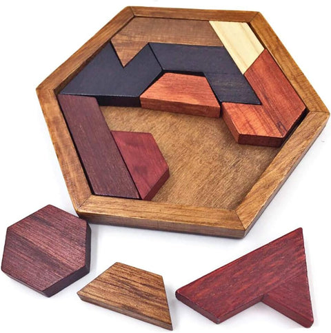 KINGOU Wooden Hexagon Tangram Brain Teaser Puzzle